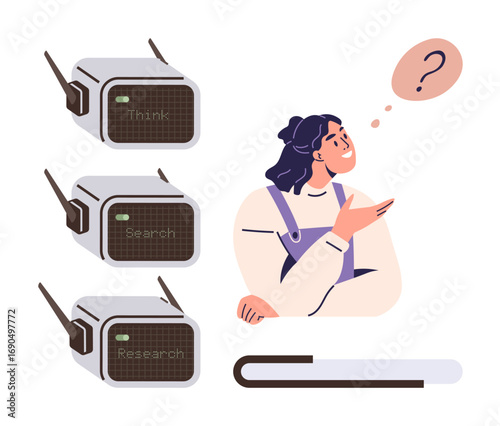 Woman pondering next step while interacting with terms thumbs up think, search, and research appearing on retro radios. Ideal for brainstorming, decision-making, exploration, curiosity, innovation