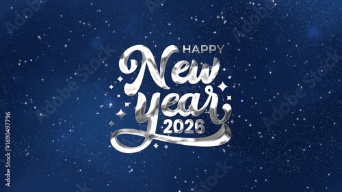 Happy new year 2026 animation in silver lettering against a starry background. Perfect for new years eve party invitations or social media posts.