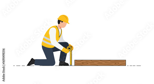 Construction worker measuring wooden plank on construction site with tape measure, ensuring accuracy and precision in building project, conveying professionalism.