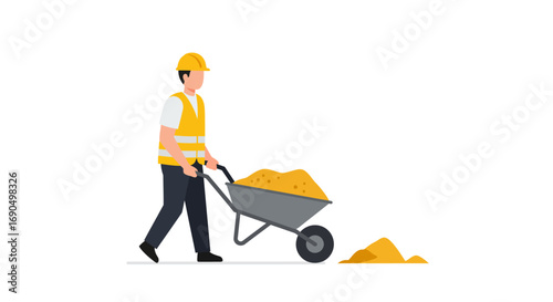 Construction worker pushing wheelbarrow filled with sand at construction site, wearing safety vest and helmet, conveying hard work and industry.