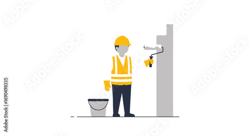 Construction worker paints a wall with a roller in a bright, minimalist style, showcasing the simplicity and efficiency of modern building trades.