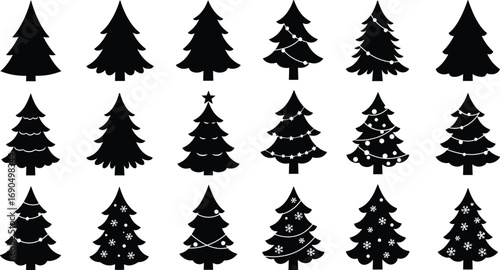 Black silhouette Christmas trees with holiday decorations, festive pine tree icons, winter seasonal vector art, Christmas ornament designs