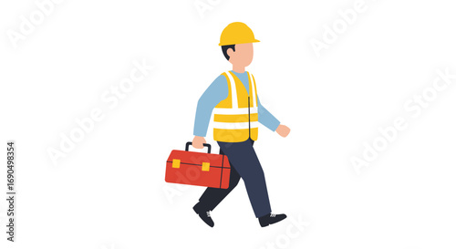 Construction worker walking with toolbox on white background, symbolizing labor and industry with a minimalist style.