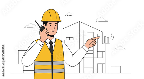 Construction worker using walkie talkie on building site, pointing towards new development with determination and focus.