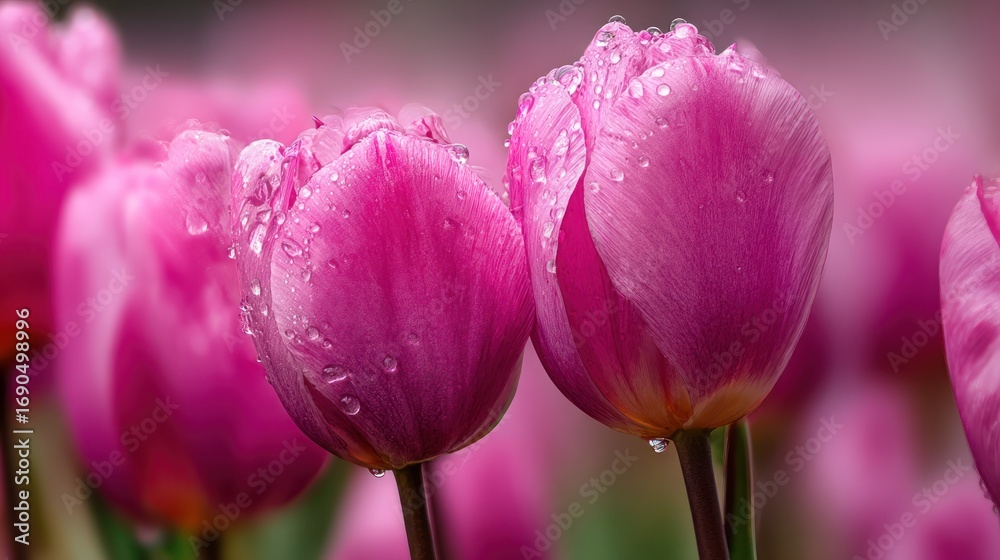 Fototapeta premium Pink tulips dewdrops
