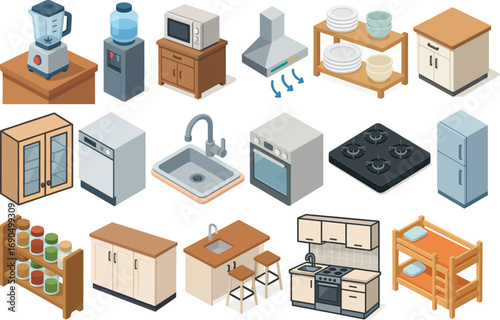 Isometric Detailed Kitchen Furniture and Appliance Element for Interior Design