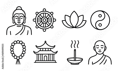 Buddhist symbols: buddha, dharma wheel, lotus, yin-yang, prayer beads, pagoda, incense, monk