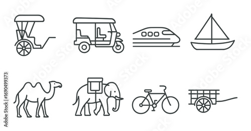 Outline illustrations of various transportation modes