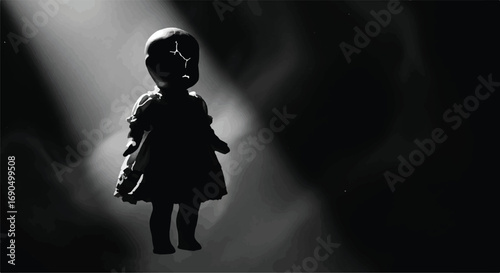 Eerie silhouette of a vintage doll illuminated by a dramatic spotlight in a dark, atmospheric setting.