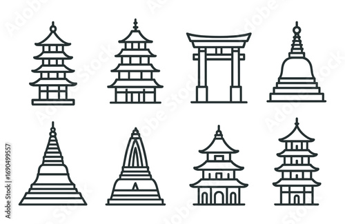 Outline vector icons of asian pagodas and temples on dark background