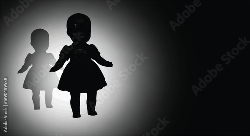 Two shadowed dolls stand with a soft glow against a dark background, evoking a sense of mystery and childhood memories.