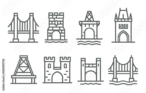 Simplified outline icons of various bridge designs on dark background