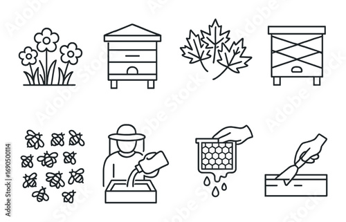 Beekeeping symbols: hive, flowers, leaves, bees, honeycomb, tools