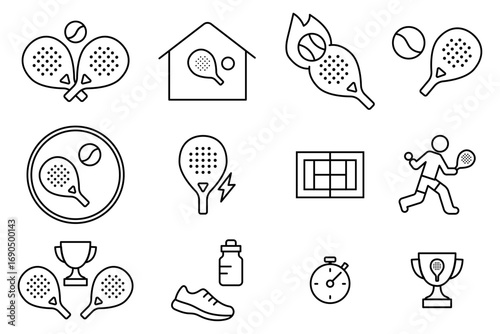 Padel sport line icons set with rackets, court, player and equipment in minimal outline style, black stroke symbols for app interface, sport club branding, fitness and tournament collection