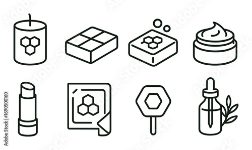 Icons of natural beauty products: candle, soap, cream, lipstick, honey, oil