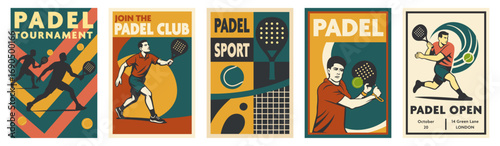 Padel sport retro posters collection with tennis players, rackets and balls in vintage geometric style, tournament and club advertising banners, typography sport design for events and promotion