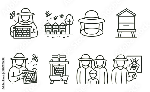 Beekeeping icons set with beekeeper and hive illustrations on gold background