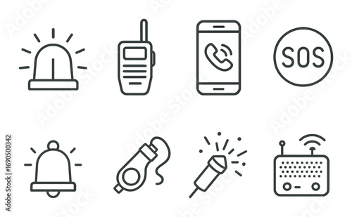 Emergency communication icons: phone, sos, radio, whistle, alert, microphone