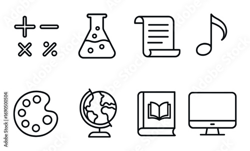 Educational icons set: math, science, music, art, geography, literature, technology
