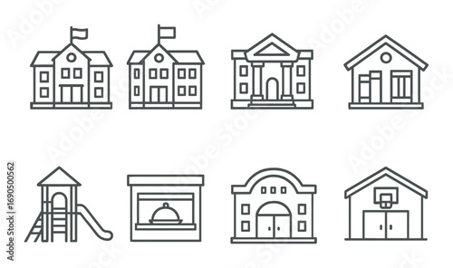 Simple outlines of community buildings and recreational spaces on a gradient background