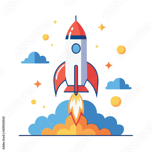 Rocket launch isolated on white background space rocket takes off with clouds of smoke start up concept business project development and innovation vector illustration