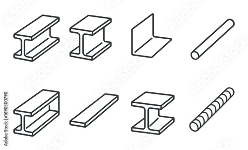 Various metal profiles and shapes: i-beam, angle, rod, and rebar in diagram