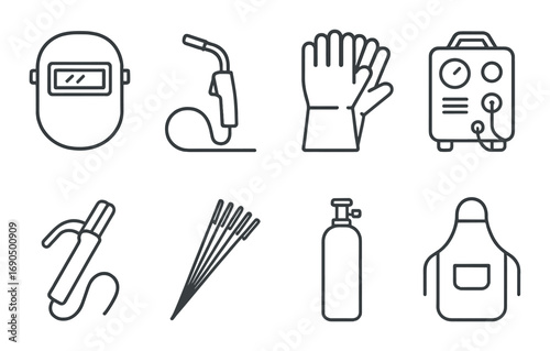 Essential welding tools and equipment icons on metal background