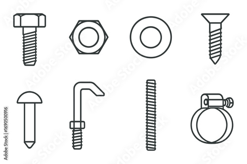 Set of industrial fasteners and hardware on gradient background
