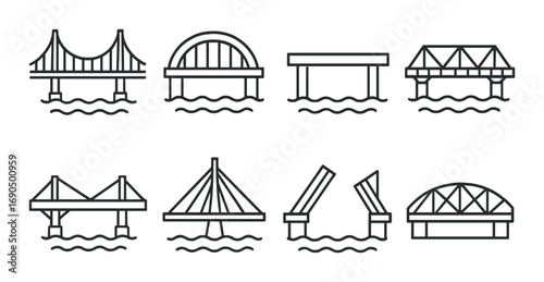 Set of eight minimalist bridge icons with various designs on gradient background