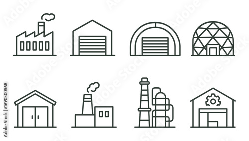 Industrial building icon set: factories, warehouses, and refineries