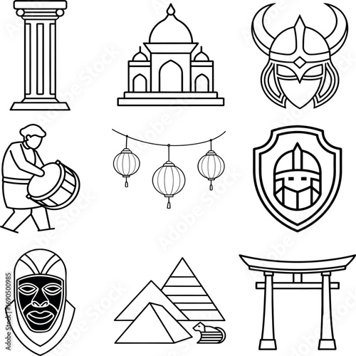 Diverse collection of culture and heritage icons for design projects