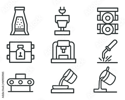 Industrial manufacturing icons featuring machinery and tools for production process