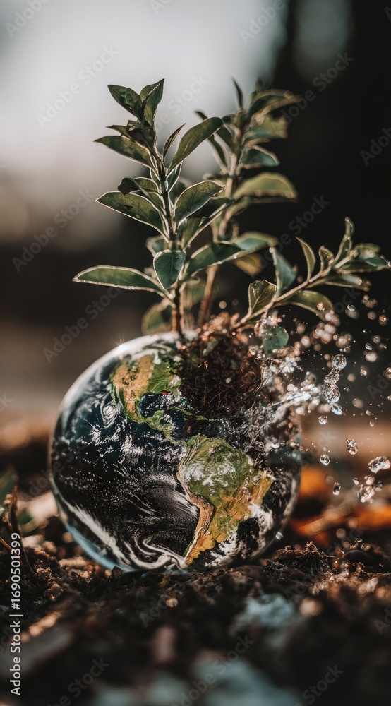 Obraz premium Earth image, half-submerged in soil with sprouting plant and cascading water. Focus on Earth. Serene image. Soft lighting, natural setting