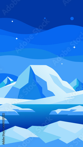 Serene arctic landscape vector illustration featuring icebergs and a starry night sky