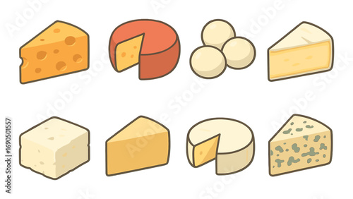 Assorted cheese variety: illustrations of eight different cheese types