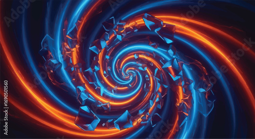 Abstract cosmic vortex with glowing blue and orange energy streams, conveying a sense of motion and transformation.