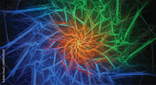 Vibrant abstract fractal pattern with swirling energy in blue, orange, and green hues