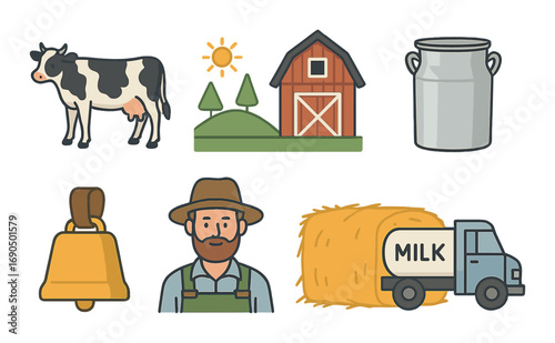 Farm life icons featuring farmer, cow, barn, milk truck, hay bale, bell, and milk can