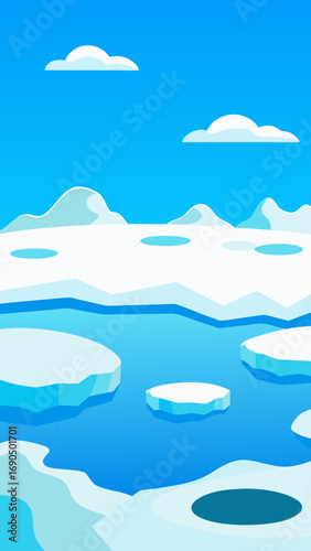 Vibrant vector landscape illustration of arctic ice floes and clouds scalable nature scene