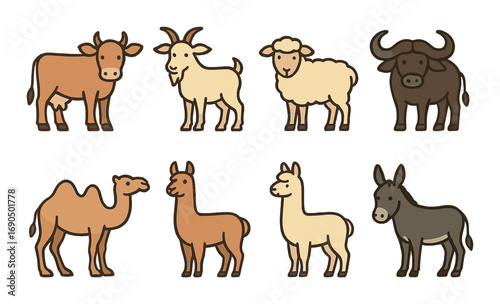 Cartoon farm and exotic animals: cow, goat, sheep, buffalo, camel, llama, alpaca, donkey