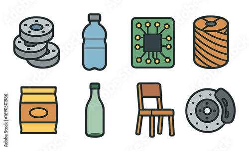 Assorted icons: bottles, circuit, chair, brakes, and food packaging