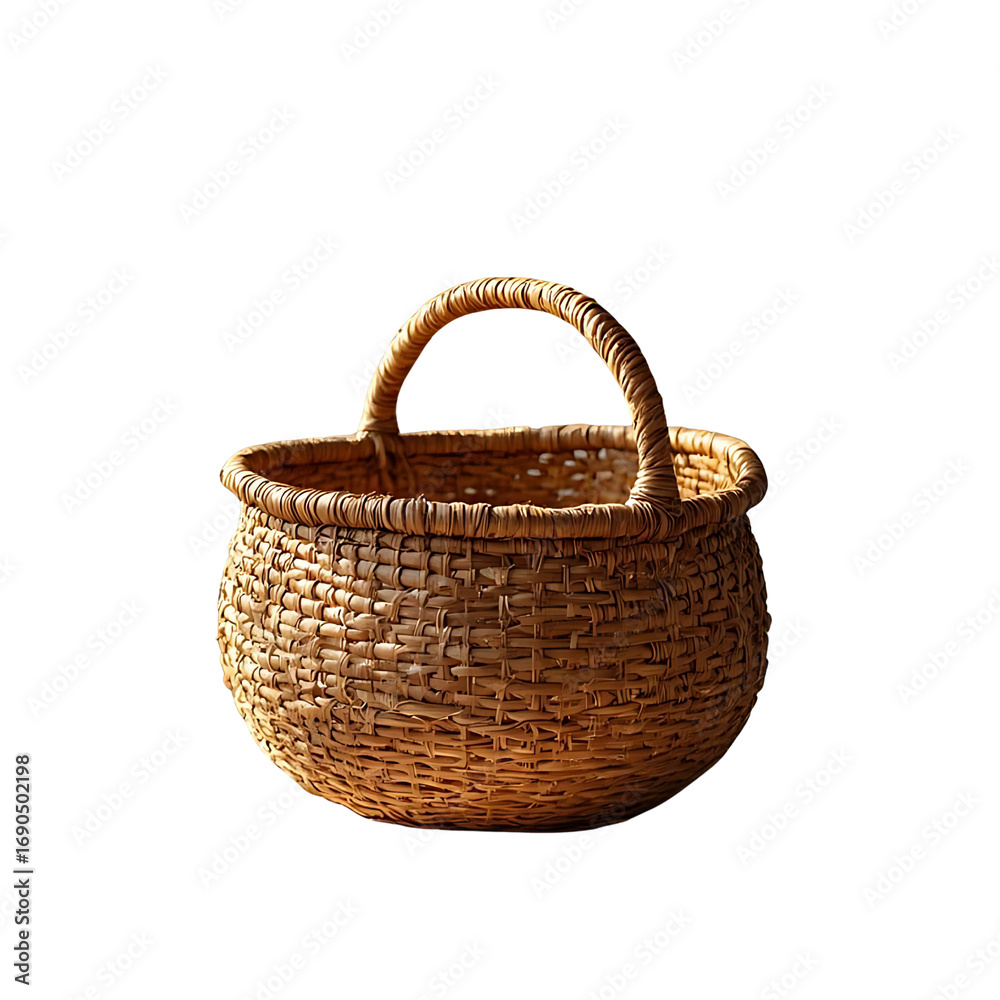 Fototapeta premium Empty woven wicker basket with handle, isolated on a white background.