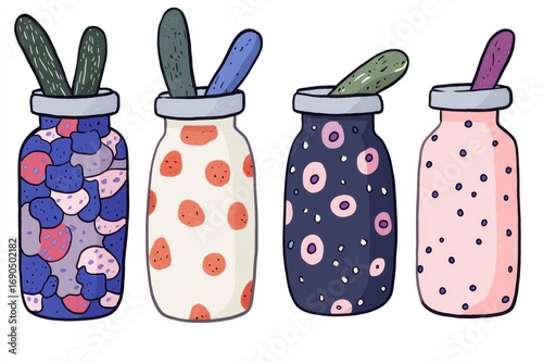 Colorful Abstract Patterned Jars with Cacti Pixel Art Illustration, Generative AI