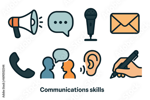 Illustrated communication icons depicting diverse methods: speech, listening, writing