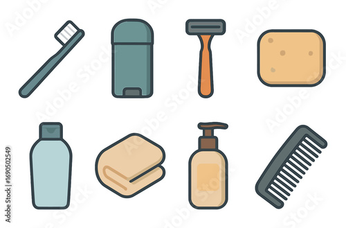 Bathroom essentials: toothbrush, deodorant, razor, sponge, shampoo, towel, soap, comb