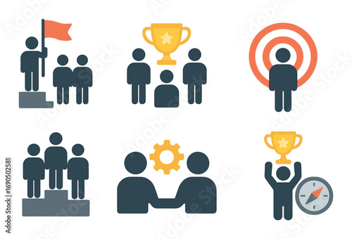 Illustration of leadership concepts with trophy, teamwork, and achievement symbols
