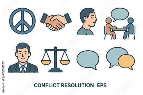 Conflict resolution symbols: peace, communication, balance, dialogue