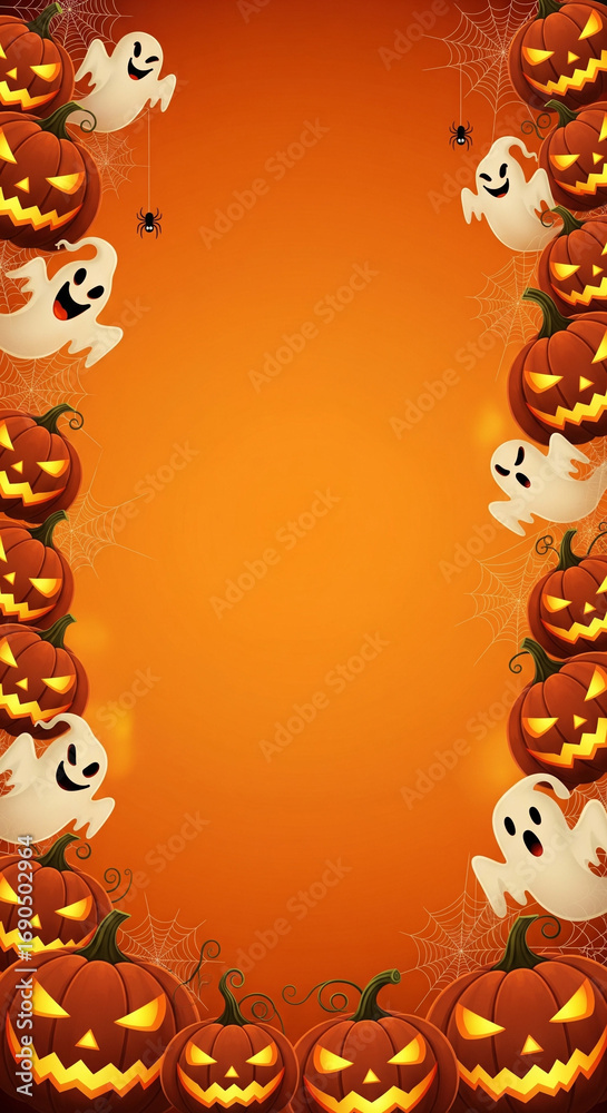 Obraz premium Spooky Halloween festive border design with glowing jack-o'-lanterns, whimsical ghosts, and delicate spider webs on a vibrant orange background, perfect for seasonal greetings, invitations, or banners