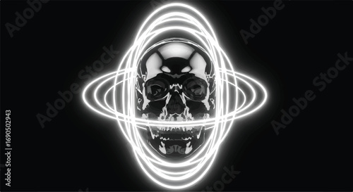 Mysterious metallic skull with glowing neon orbits against a dark background, evoking themes of science, death, and the unknown.