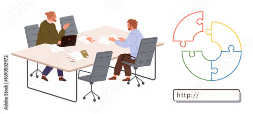 Two professionals at a table collaborating on tasks, using a laptop and documents. A colorful puzzle graphic and a web address bar emphasize teamwork, strategy, and online planning possibilities